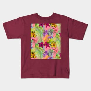 Elegant tropical flowers and leaves pattern floral illustration, pink tropical pattern over a Kids T-Shirt